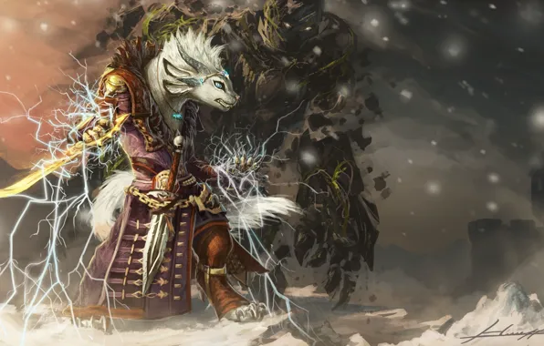 Sake, sword, fantasy, Guild Wars 2, monster, tail, snow, coat