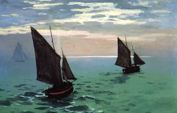 The sky, picture, sail, seascape, Claude Monet, Fishing Boats in the Sea