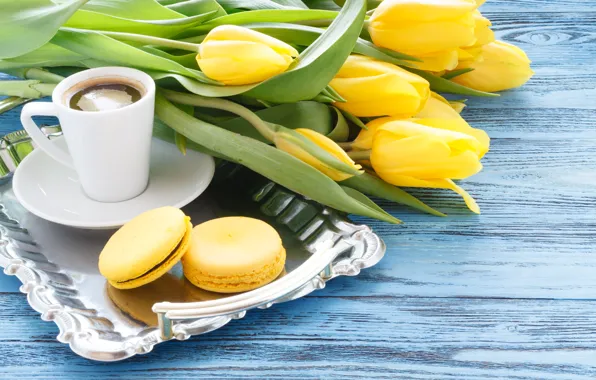 Coffee, cookies, tulips, tray, Andrey Cherkasov