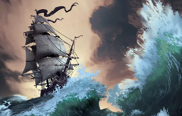 Picture waves, fantasy, storm, pirate ship, artist, ship, digital art, artwork
