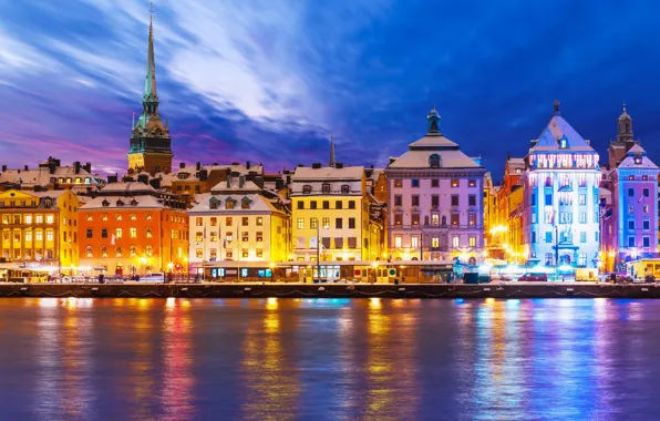 Building, Stockholm, Sweden, night city, promenade, Sweden, Stockholm