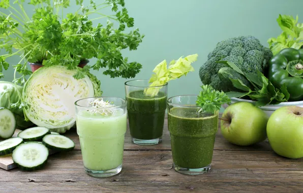 Greens, table, apples, glasses, fruit, drinks, vegetables, cabbage