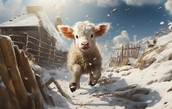 Clouds, Winter, Snow, House, Running, Front, Digital art, Calf