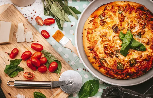 Greens, cheese, knife, vegetables, pizza, tomatoes, pizza, filling