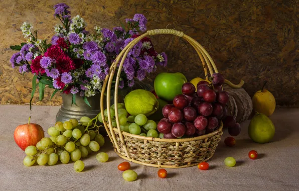Picture flowers, apples, bouquet, grapes, fruit, still life, pear, flowers