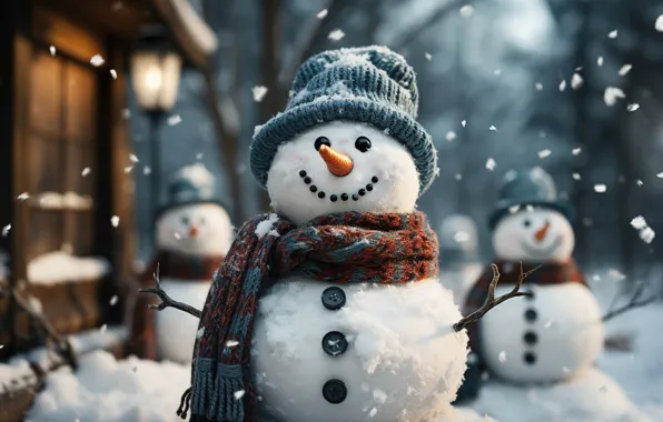 Winter, snow, New Year, Christmas, snowman, happy, Christmas, night