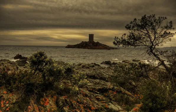 Picture sea, clouds, stones, rocks, coast, France, island, tower