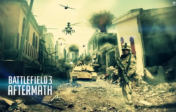 The city, soldiers, helicopter, the plane, Battlefield 3, aftermath