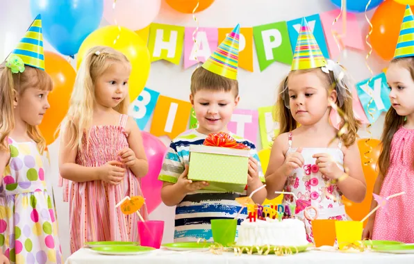 Picture children, each, birthday, gift, boy, girl, cake, colorful