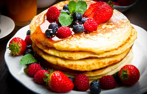 Berries, raspberry, Breakfast, blueberries, strawberry, honey, pancakes