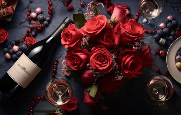 Love, flowers, table, holiday, wine, bottle, roses, bouquet