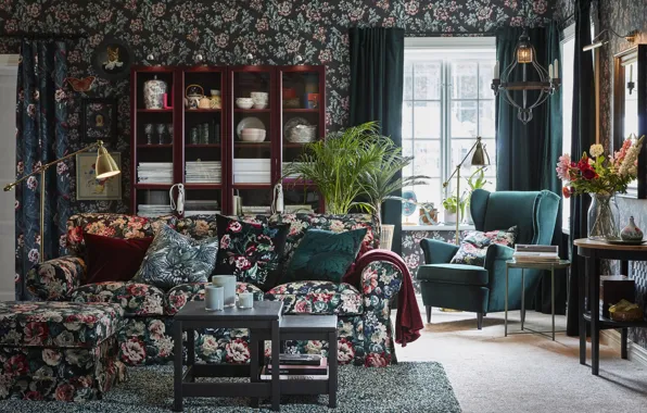Design, stylish, interior, sofa, living room, IKEA, the ear chair, footstool covered in a vintage