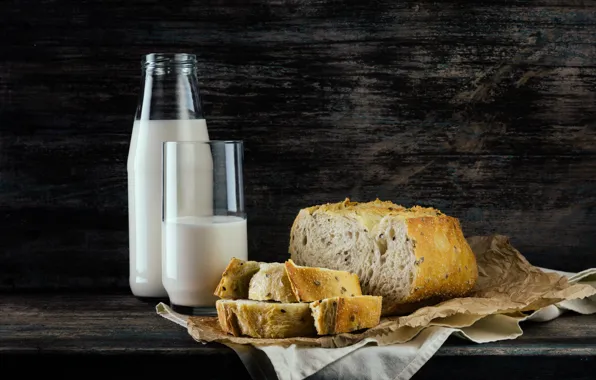Milk, bread, still life, tablecloth