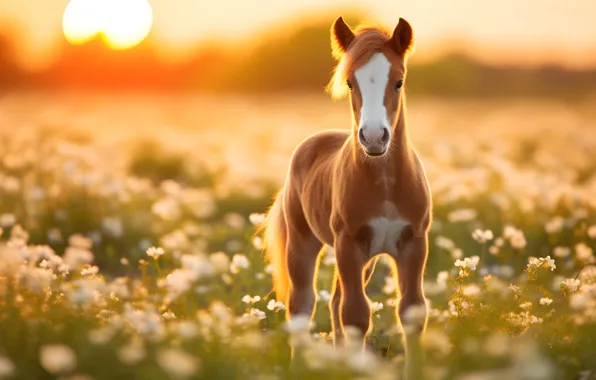 Field, summer, look, the sun, flowers, nature, pose, horse