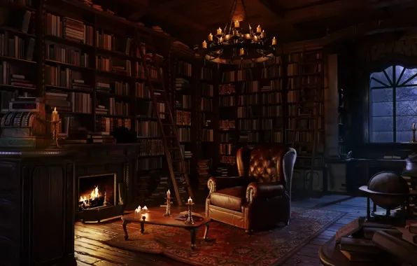 Lights, fire, candle, books, library