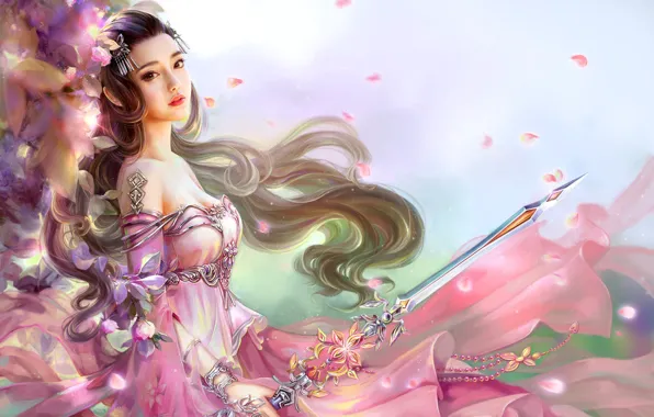 Neckline, warrior, flowering tree, long hair, charming girl, world of fantasy, sword in hand, legends …