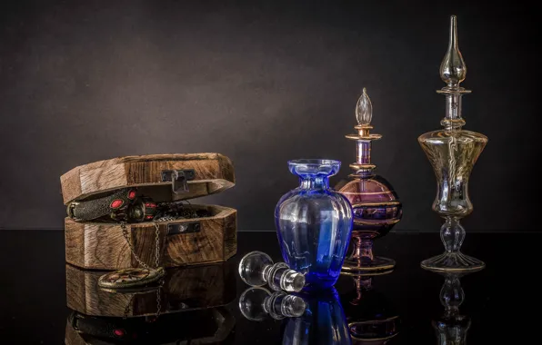 Glass, paint, box, bottle, still life, decanter