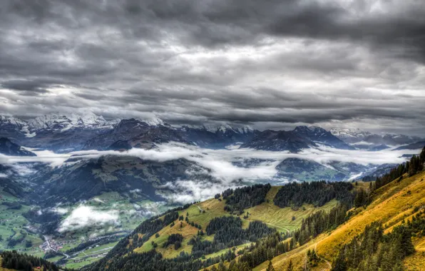 Picture mountains, forest, fog, clouds, the village, landscape