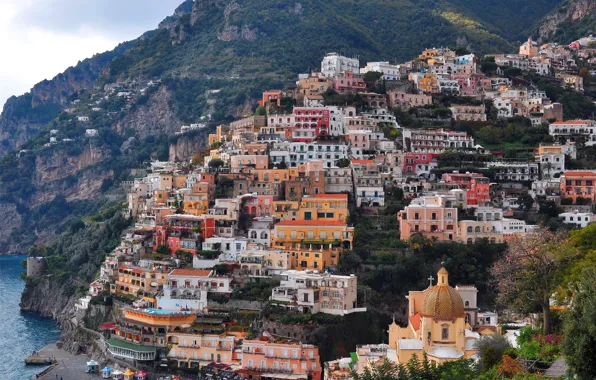 Picture sea, Italy, coast, rocks, houses, church, Positano