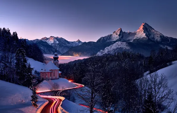 Picture winter, road, snow, landscape, mountains, nature, hills, the evening