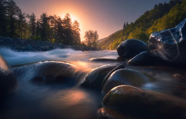 Picture landscape, sunset, nature, river, stones, hills, for, forest