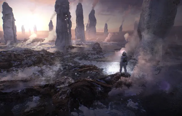 Rocks, astronaut, couples, Valley of Geysers, Europa (moon)