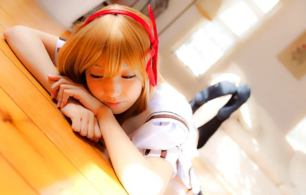 Window, floor, lies, red, Asian, bow, Cosplay