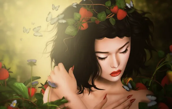 Picture sadness, girl, butterfly, brunette, strawberry