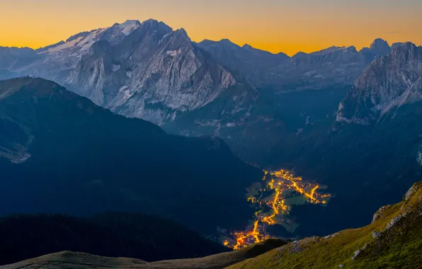 The sky, trees, sunset, mountains, lights, rocks, home, valley