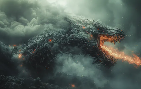 Dragon, Smoke, Fire, Teeth, Head, Mouth, Digital art, AI art