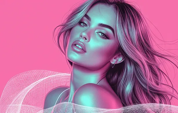 Picture girl, long hair, pink, background