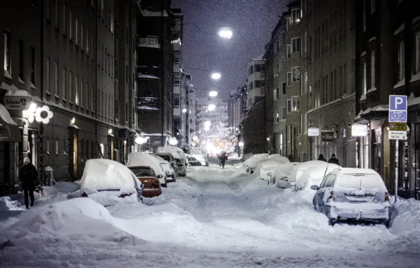 Night, the city, street, lights, snowfall