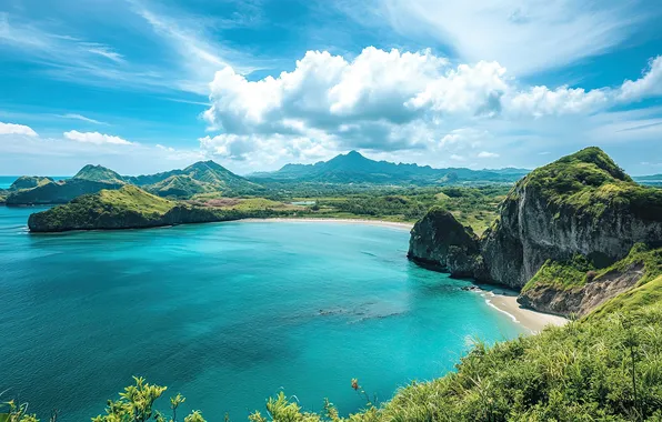 Sea, beach, the sky, clouds, mountains, tropics, blue, the ocean