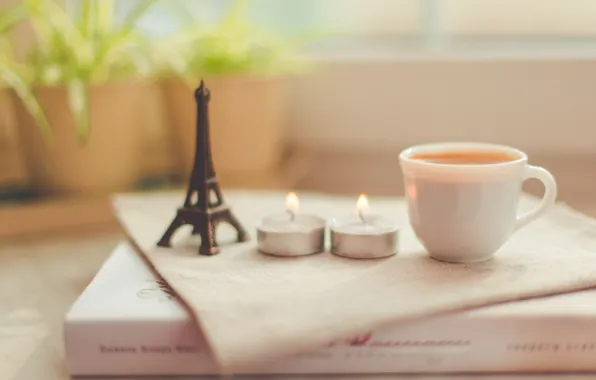 Coffee, candles, Cup, eiffel tower