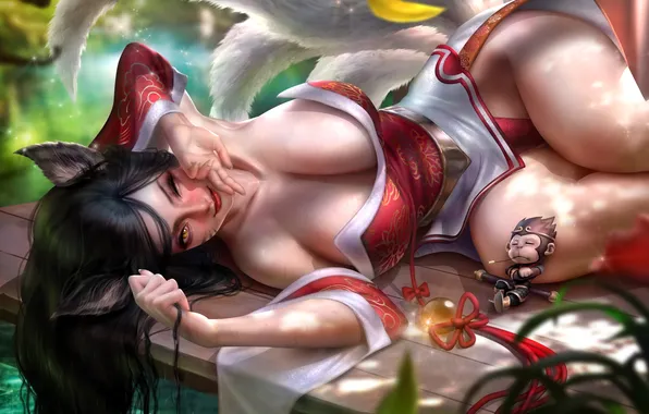 Lake, the game, outfit, ears, League of Legends, tails, Ahri
