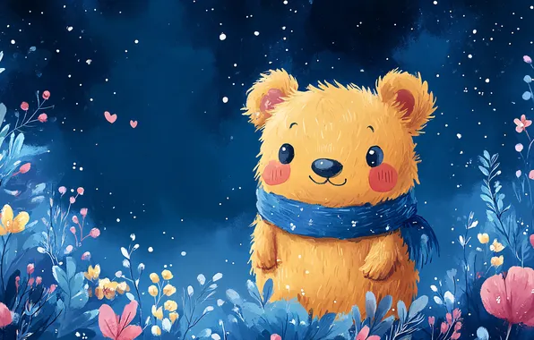 Leaves, stars, night, figure, bear, bear, bear, scarf