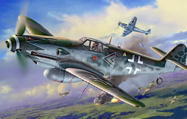 Picture Gustav, Air force, single-engine piston fighter-low, Bf.109G-10, art, attack, Messerschmitt, figure, Il-2, Erla, interception