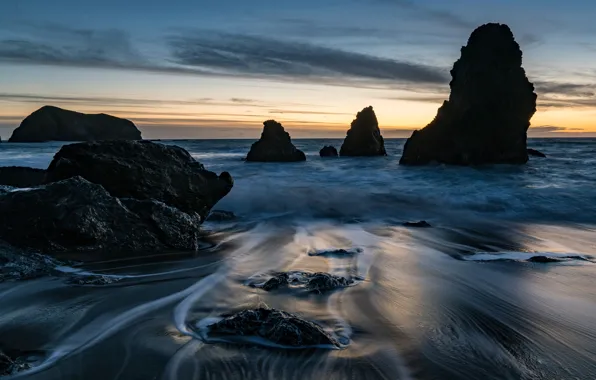 Sand, sea, wave, the sky, clouds, landscape, sunset, nature