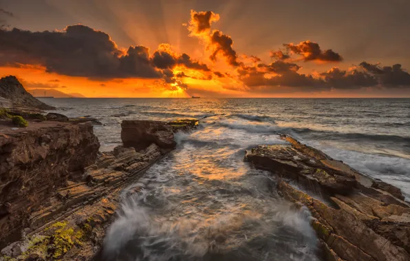 Sea, sunset, rocks, horizon