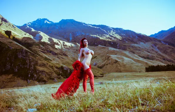 The sky, landscape, mountains, nature, the wind, stockings, feathers, negligee