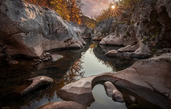 Picture autumn, the sun, rays, trees, landscape, nature, river, stones