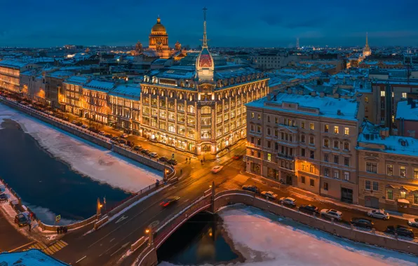 Winter, bridge, river, building, home, Saint Petersburg, Russia, night city