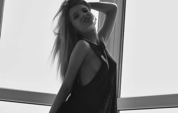 Windows, side, happy, woman, young, model, black and white, blonde