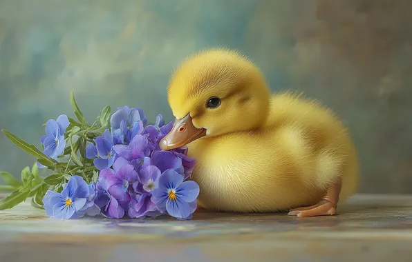 Flowers, background, bird, blue, Pansy, duck, chick, a bunch