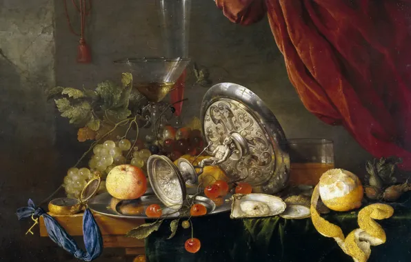 Lemon, Apple, picture, grapes, vase, Still life, Jan Davidsz de Heem