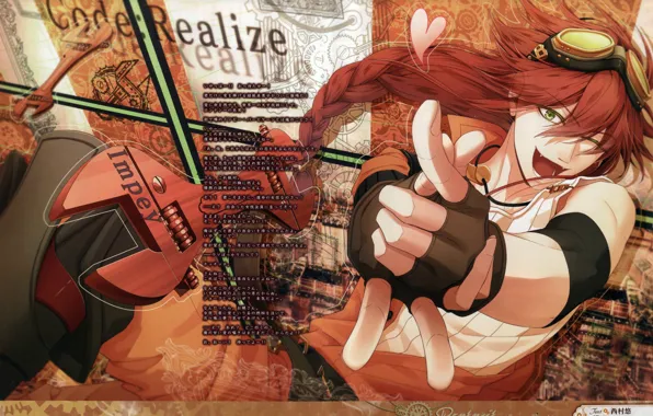 Red, glasses, braid, gesture, art, visual novel, miko, code realize