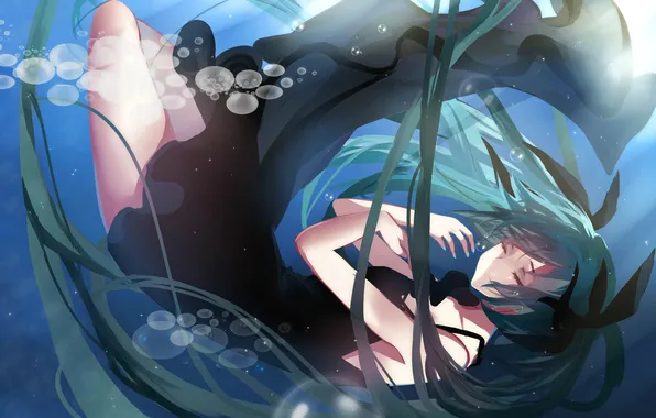 Girl, light, bubbles, anime, art, vocaloid, hatsune miku, under water