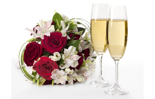 Flower, flowers, roses, bouquet, glasses, champagne