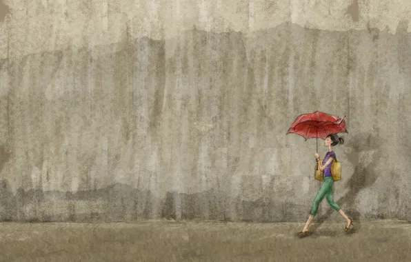 Girl, wall, painting, is, with an umbrella