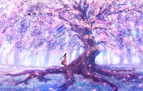 Girl, nature, spring, Sakura